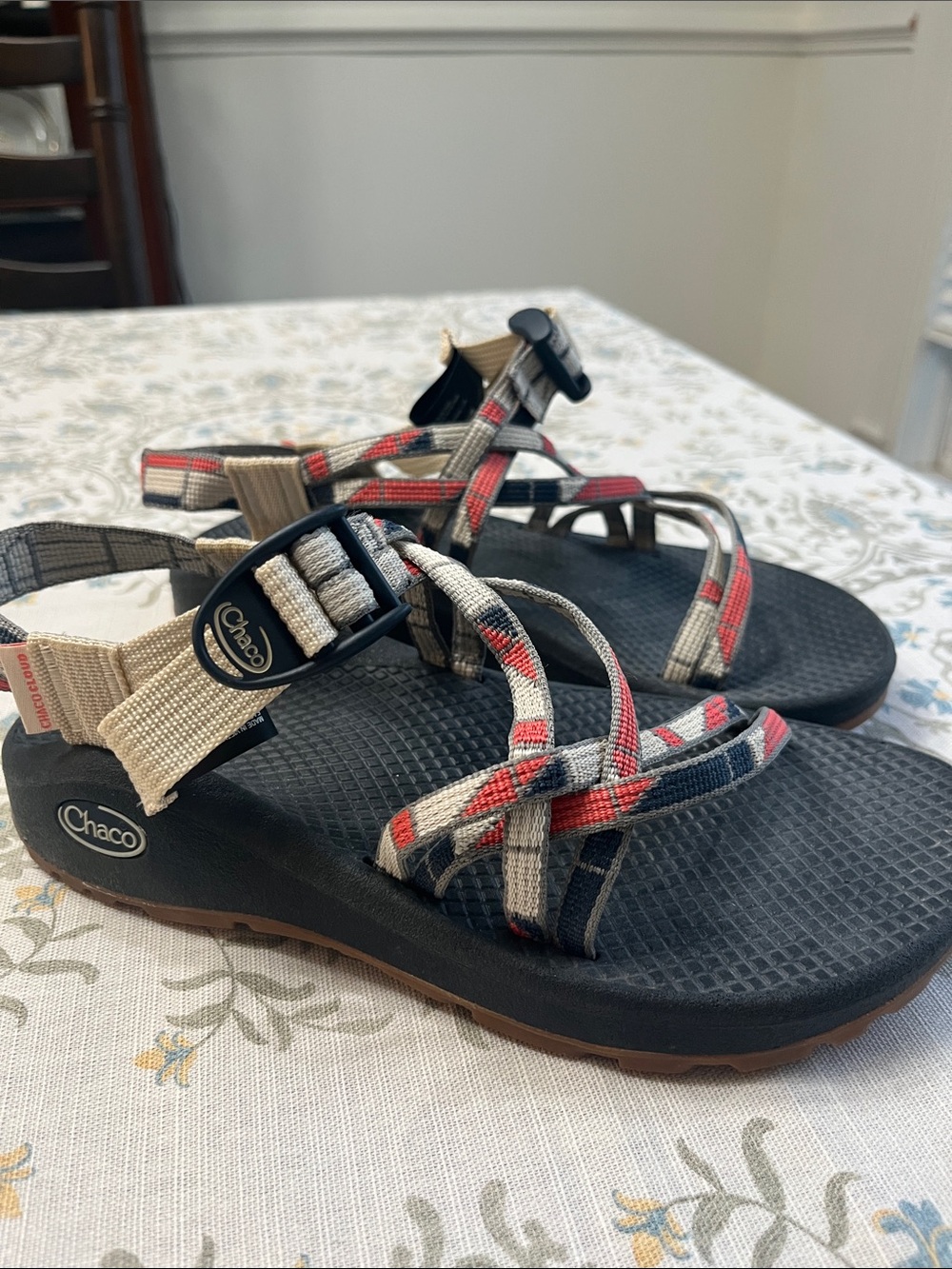 Chaco Cloud Sandals with Black Footbed and Red, Tan & Navy Straps
